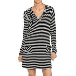 Coolibar Catalina Hooded Beach Cover Up Mini Dress UPF 50+ Black/White Stripe M